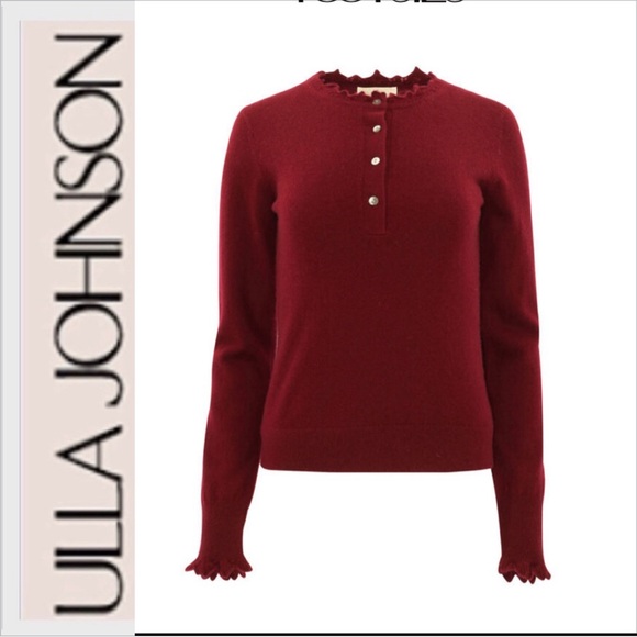 NWT Ulla Johnson Reece ruffled trim 100% Cashmere sweater topSz S maroon